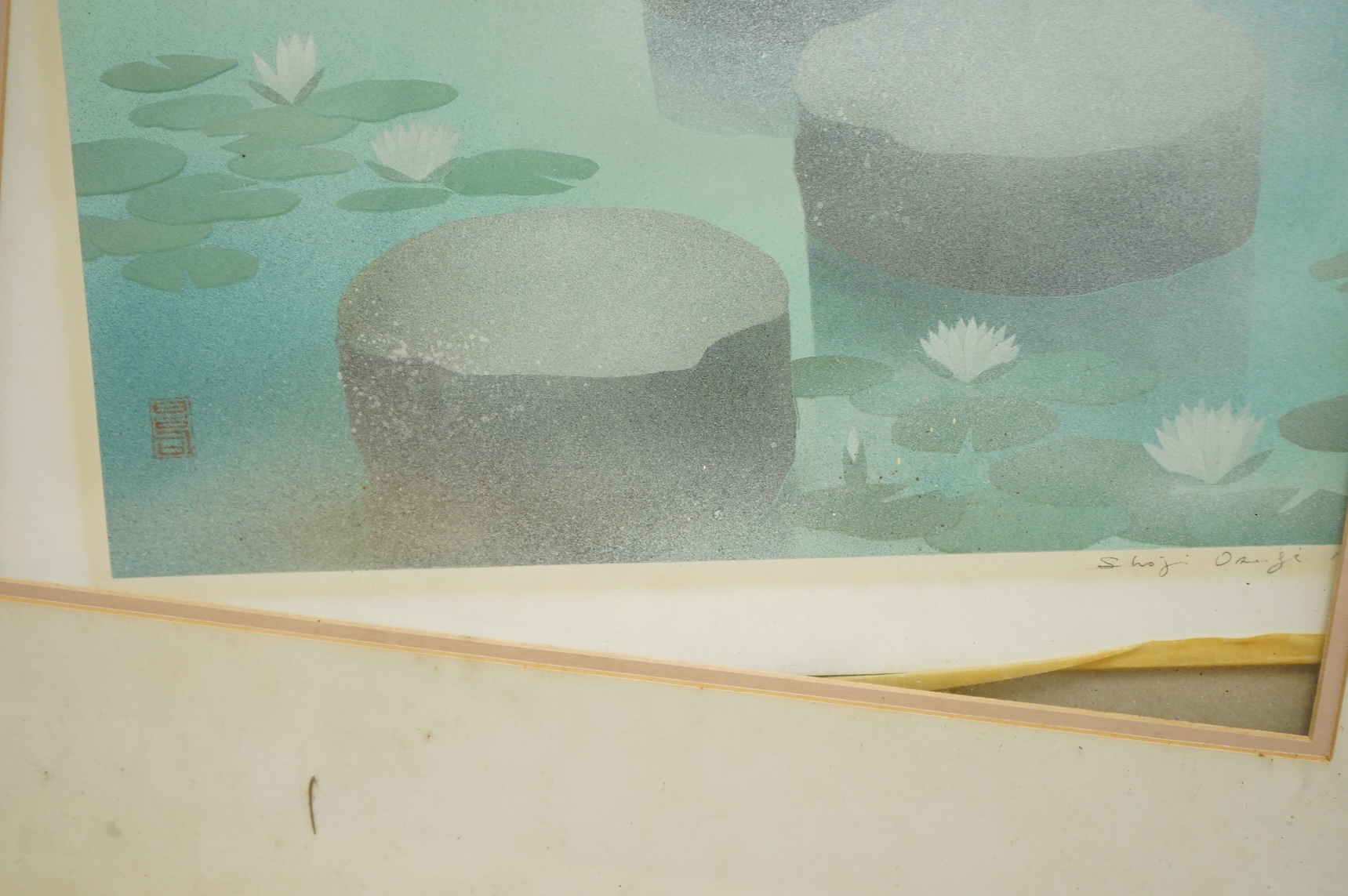 Shoji Osugi (b.1945), ‘Stepping stones’, signed and dated 1980, Japanese woodblock print, loose within the frame, 46 x 32cm
